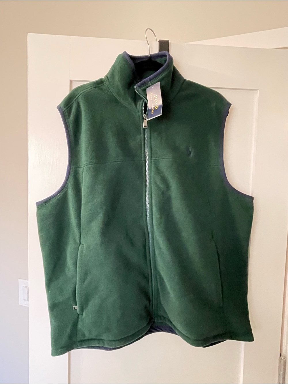 Men’s Polo by Ralph Lauren Olive Green Fleece Vest with Blue Trim sz XL NEW